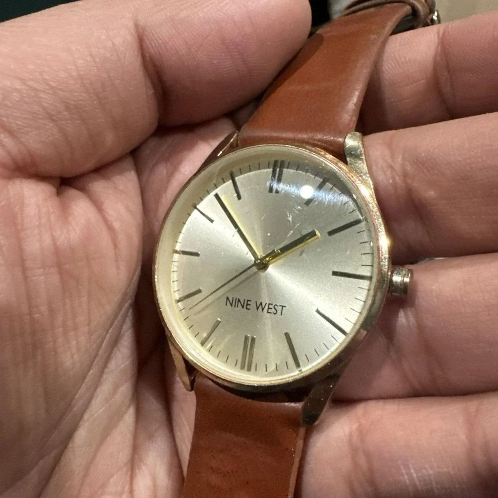 Working Nine West‎ Unisex Watch Gold Tone 36mm Fit 7.5 Brown Leather New Battery